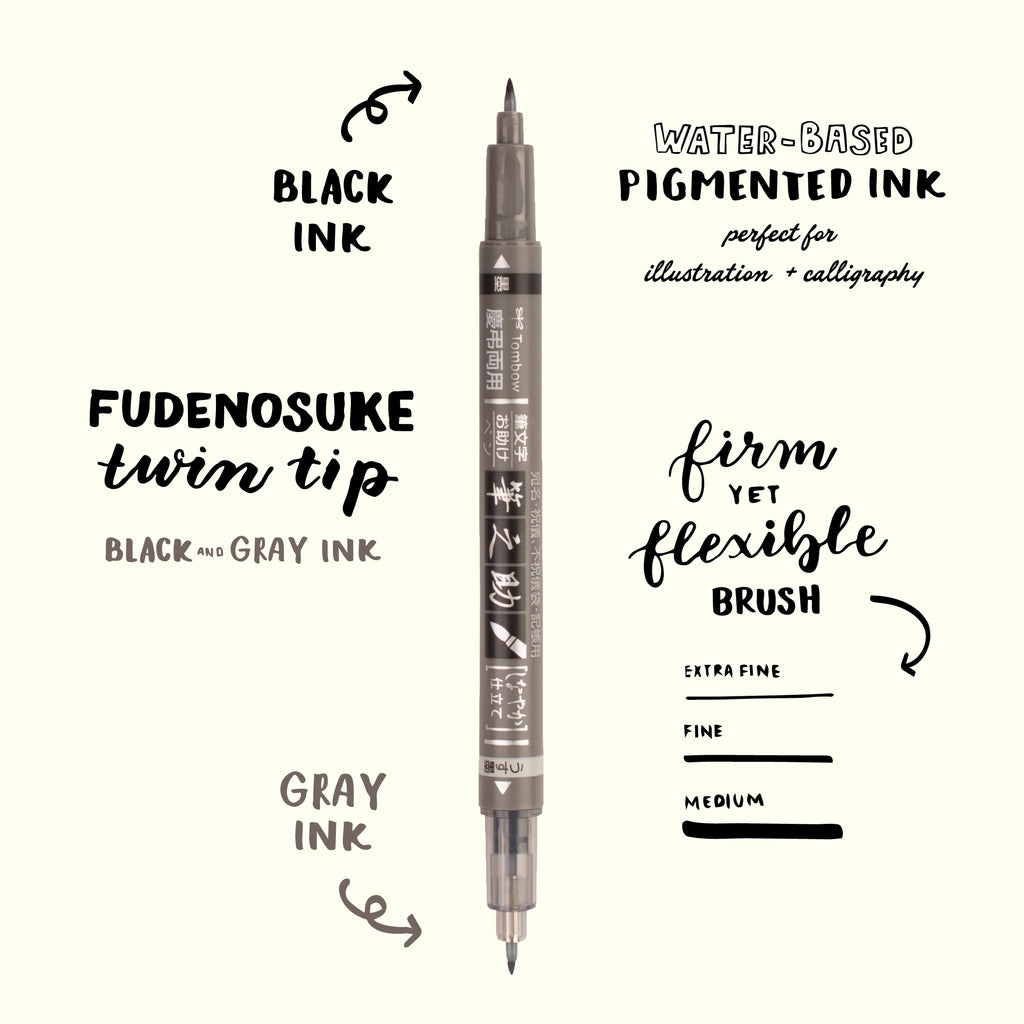 Fudenosuke Brush Pen, Twin Tip, Black/Gray