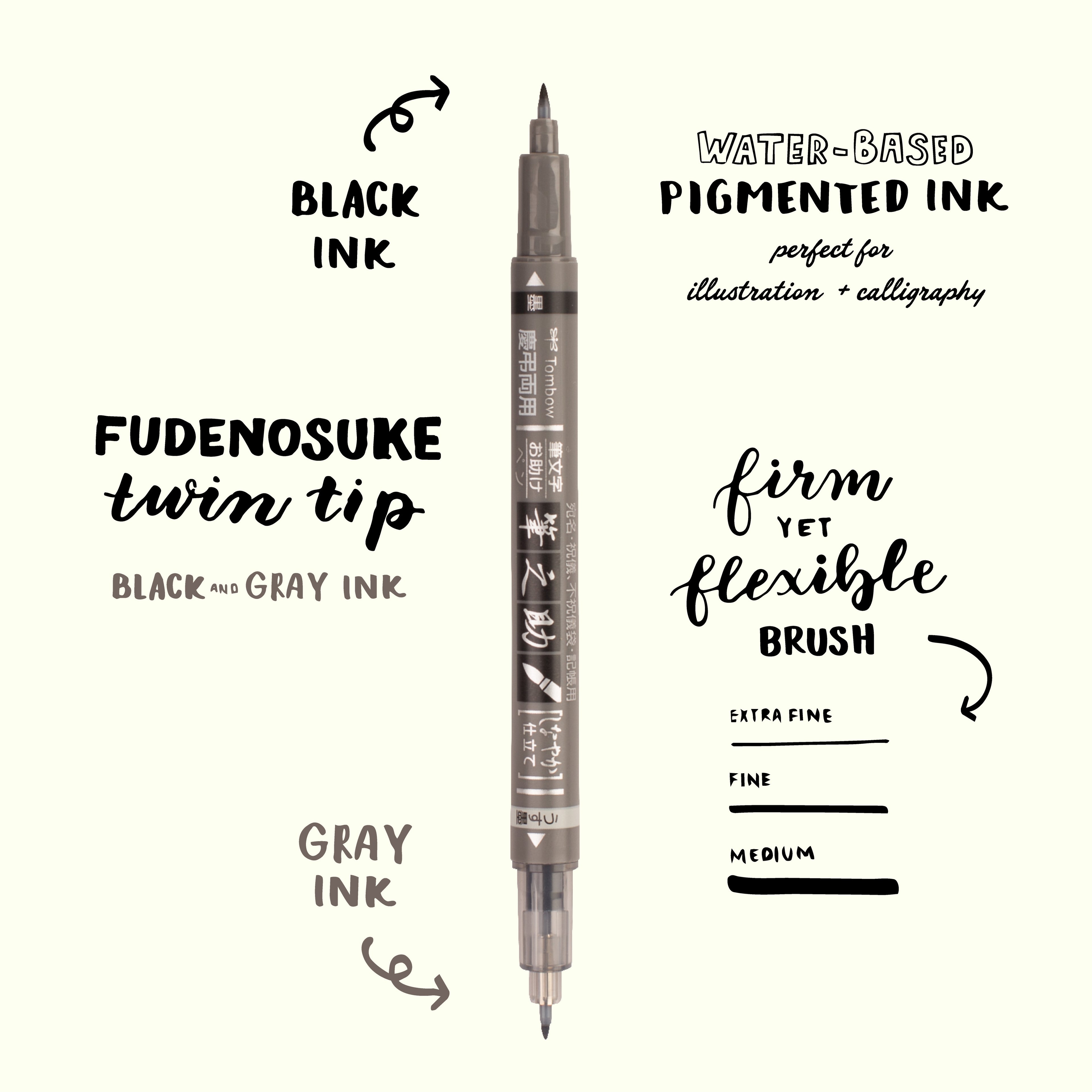 Fudenosuke Brush Pen, Twin Tip, Black/Gray
