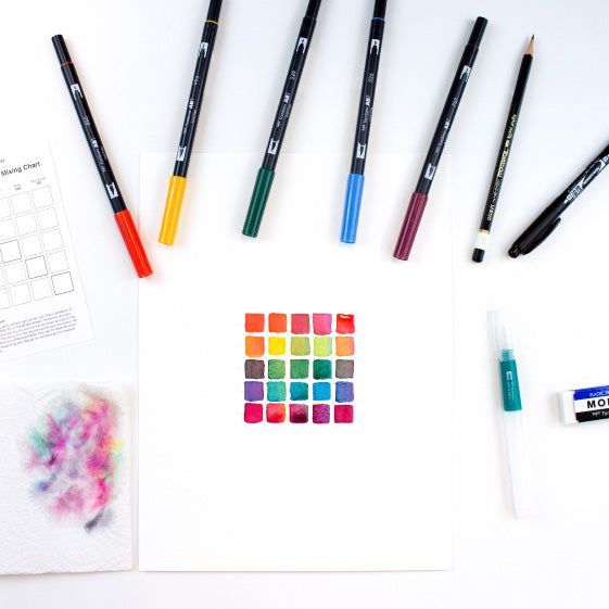 Floral watercolor image being drawn with Tombow watercolor set.