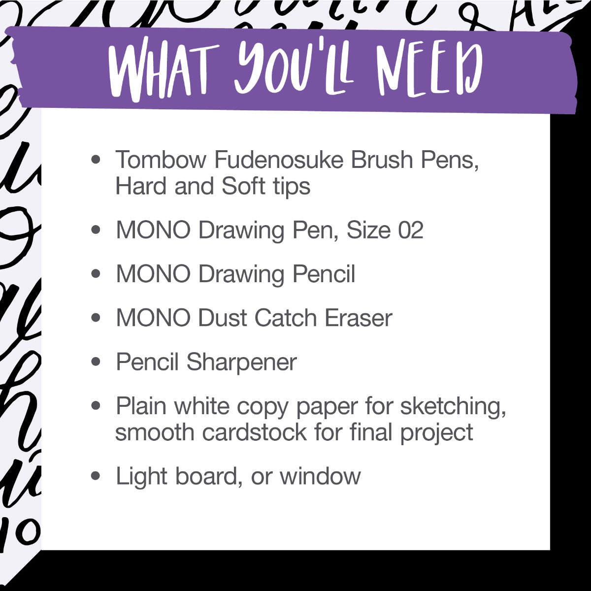 Picture listing the supplies that will be needed for the workshop.