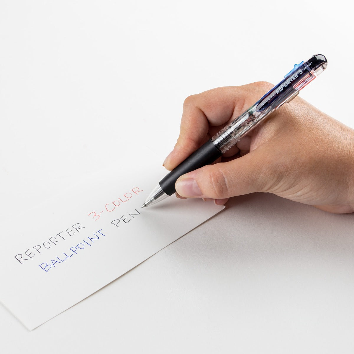 MONO Reporter 3-Color Retractable Ballpoint Pen, Clear, Black, Blue & Red Ink, 0.7mm