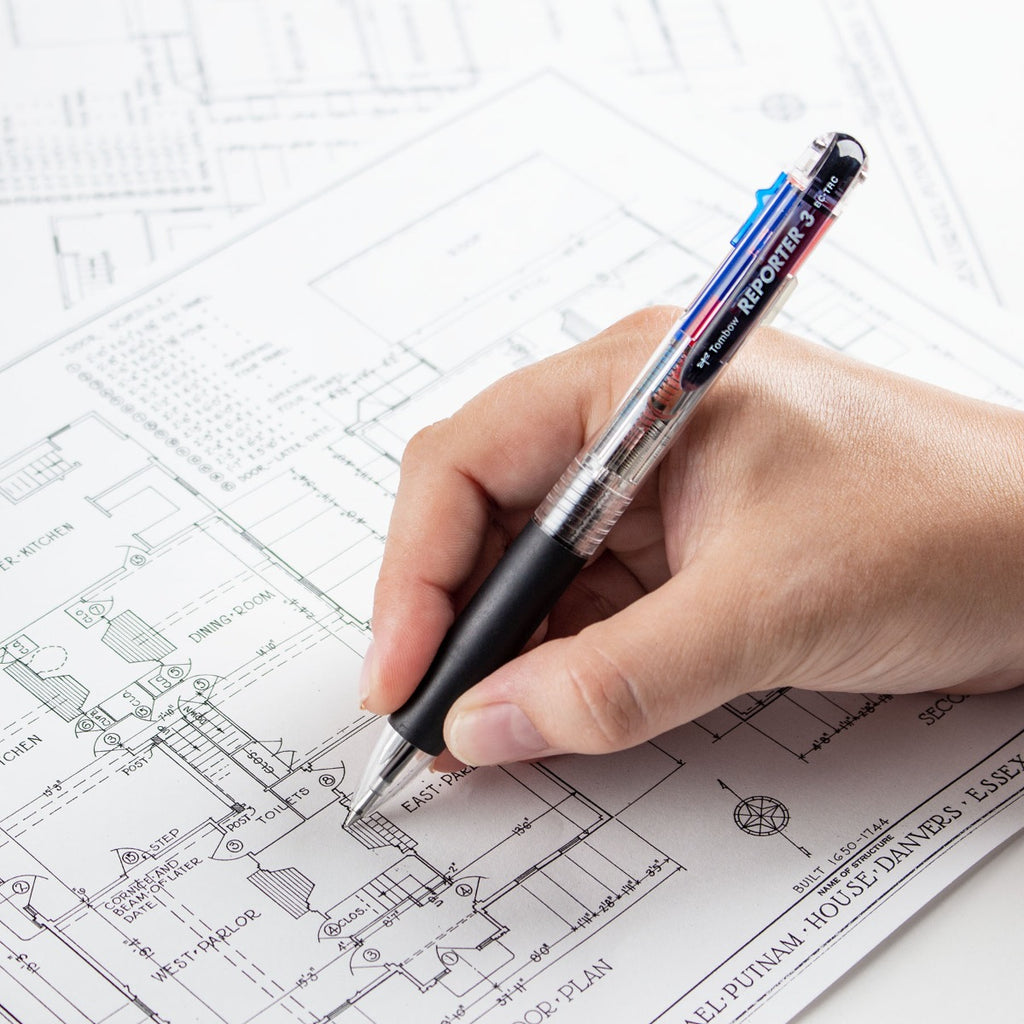 MONO Reporter 3-Color Retractable Ballpoint Pen, Clear, Black, Blue & Red Ink, 0.7mm