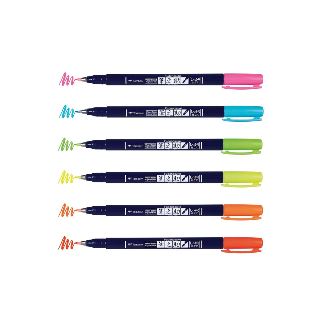 Fudenosuke Neon Brush Pen Set, 6-Pack