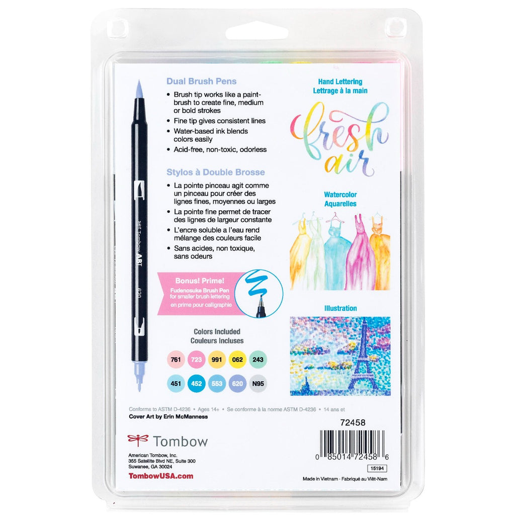 Dual Brush Pen Art Markers, Pastel, 10-Pack + Free Fudenosuke Brush Pen