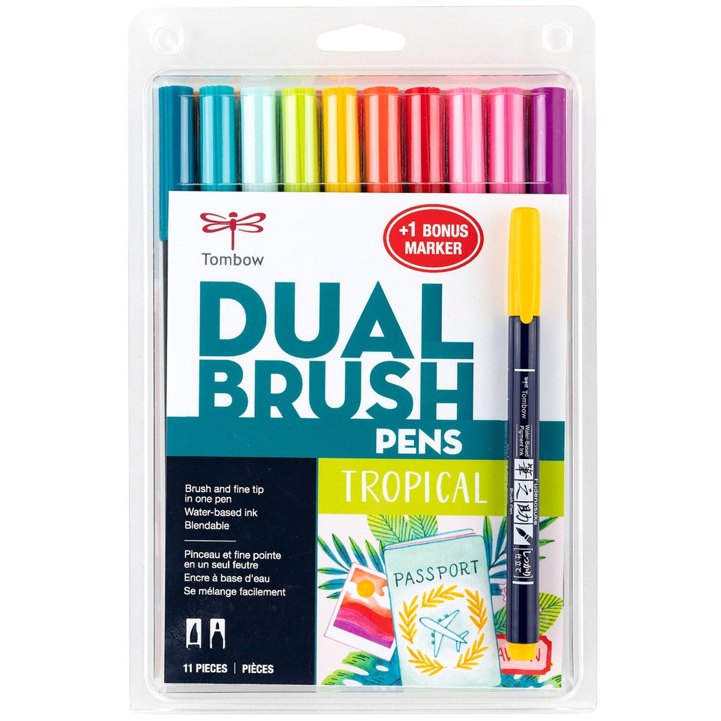 Dual Brush Pen Art Markers, Tropical, 10-Pack + Free Fudenosuke Brush Pen