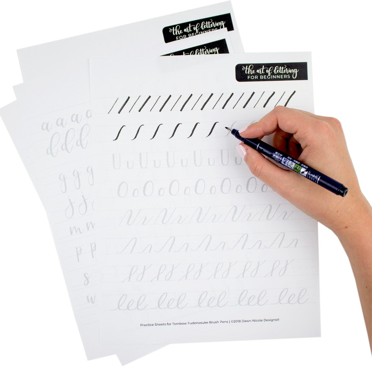 Fudenosuke Lettering Practice Worksheets by Dawn Nicole for Tombow